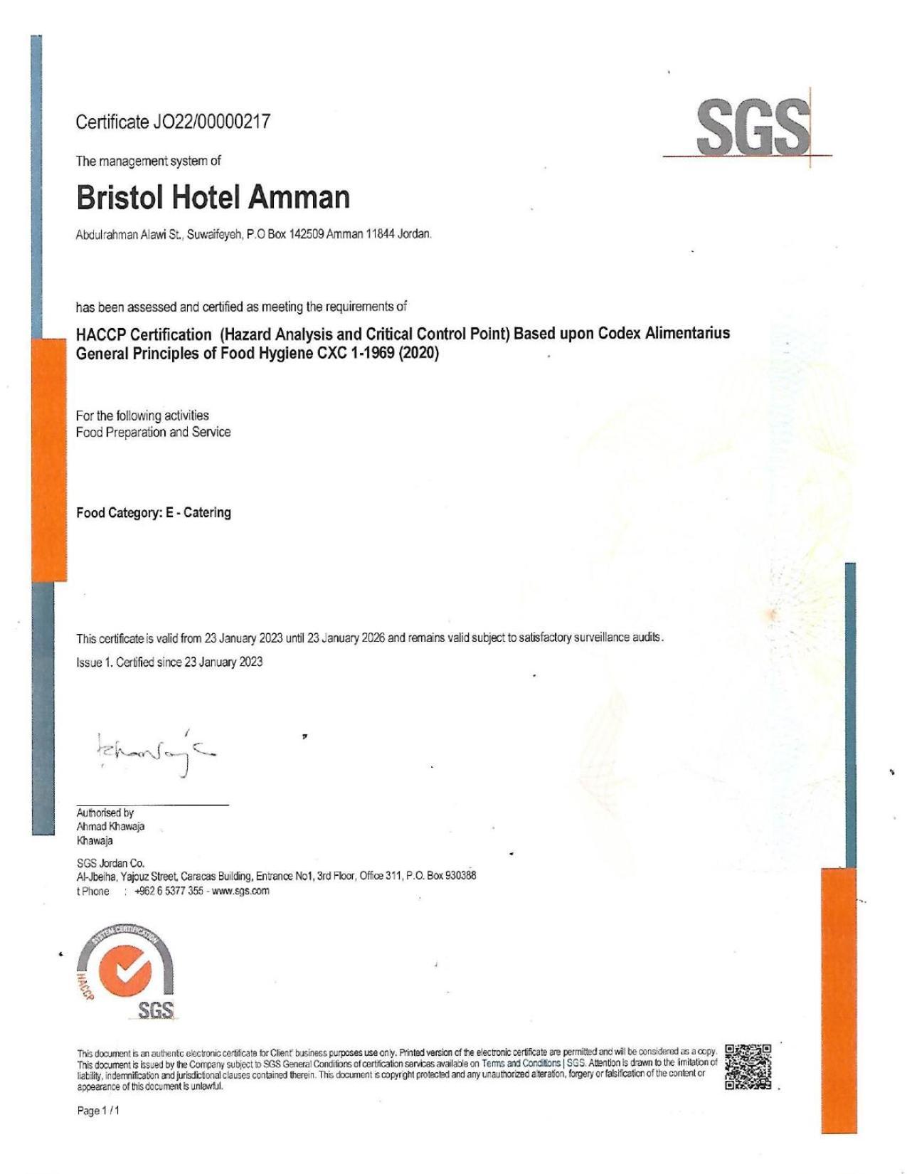 Bristol Hotel Amán Exterior foto HACCP certificate